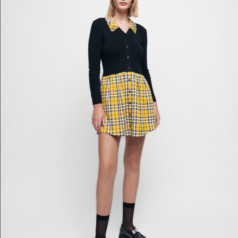 New Size 2 Maje Trompe-L’Oeil Tartan Plaid Long Sleeve Collar Logo Mini Dress